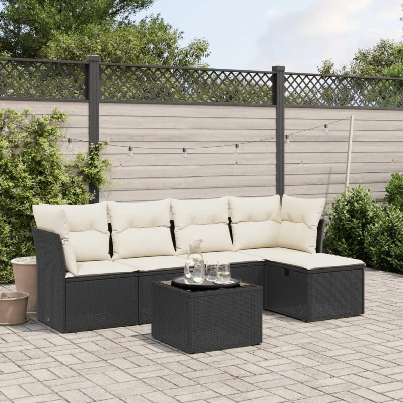 Sofasæt Til Haven 6 Dele Med Hynder Polyrattan Sort-Beige-Grå