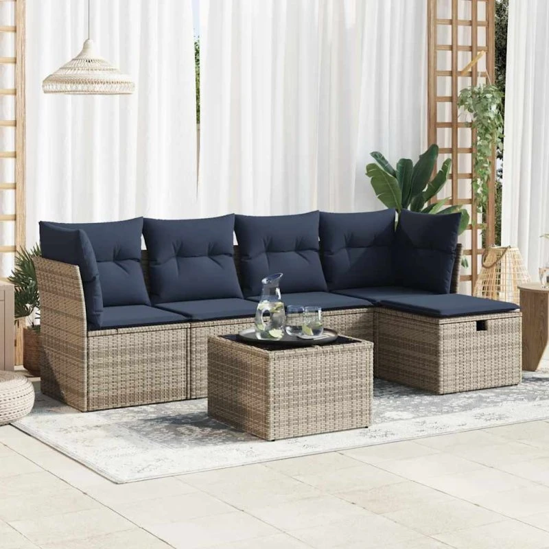 vidaXL 6-deligt havesofasæt med hynder i grå polyrattan