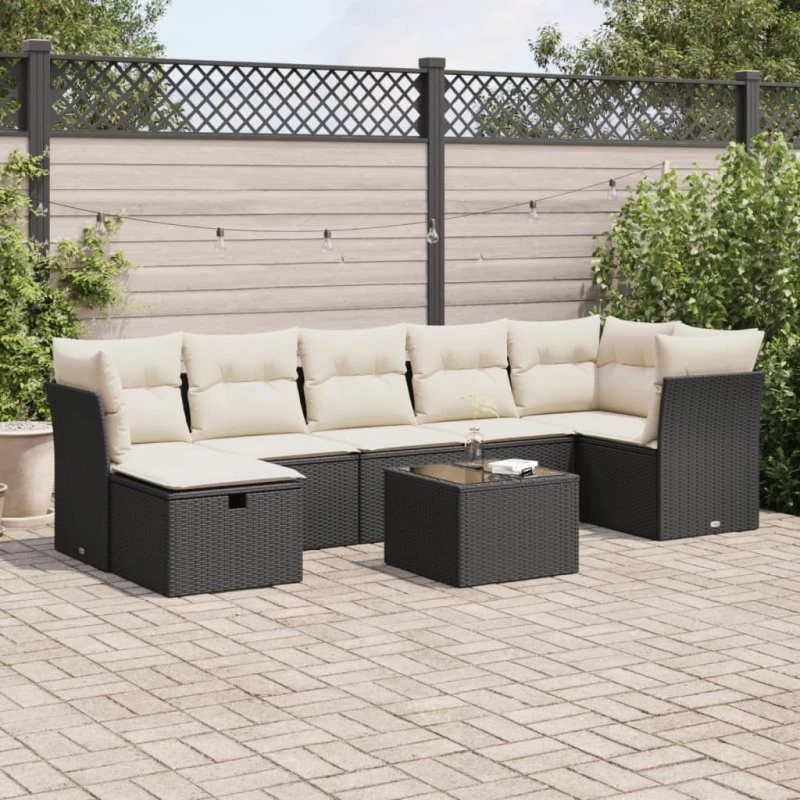 Rattan Home Sofasæt 8 Dele Sort-Beige-Grå med Opbevaring