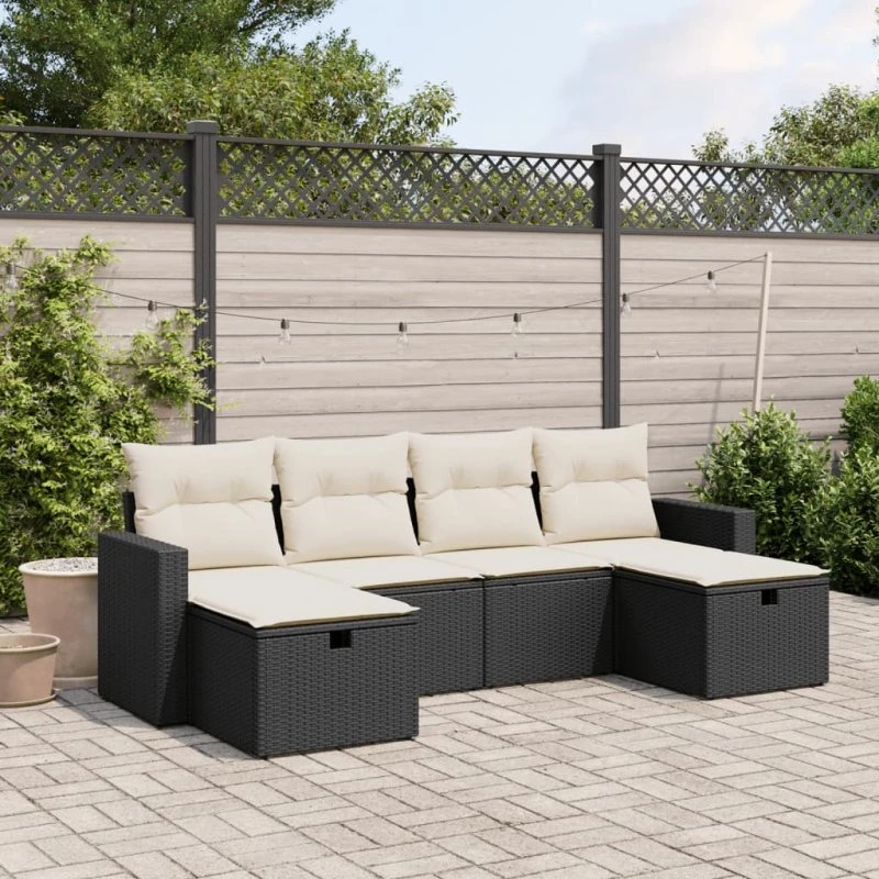 Sofasæt Til Haven 6 Dele Med Hynder Polyrattan Sort - Grå / med opbevaring og pose