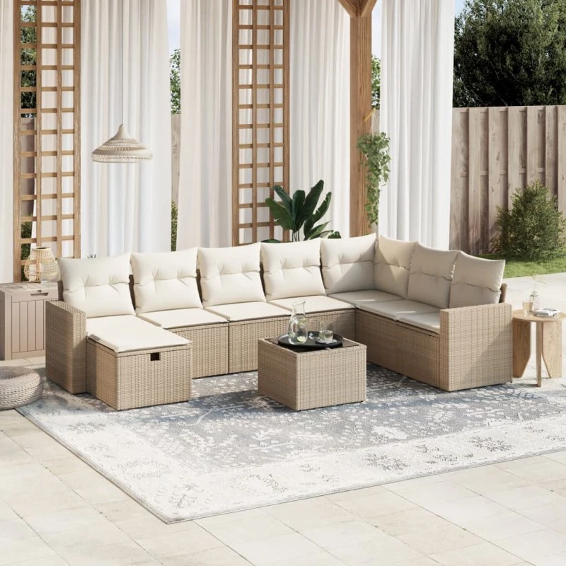 Sofasæt Til Haven 9 Dele PolyRattan Beige med Opbevaring
