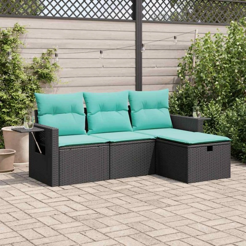 vidaXL 4-delssofasæt med hynder, polyrattan sort