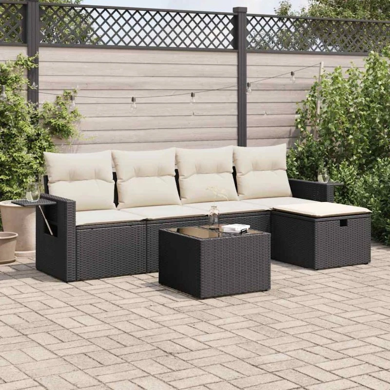 Sofasæt Til Haven 6 Dele Med Hynder Polyrattan Sort - Beige og Grå / Med Opbevaring