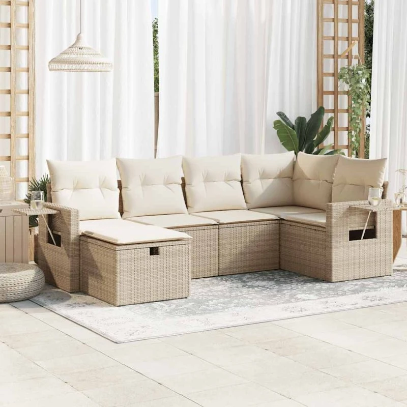 vidaXL 6-delsofasæt med hynder i polyrattan, beige