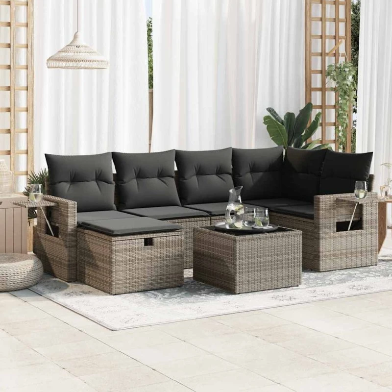 Havesofasæt 7 dele Polyrattan beige/grå med opbevaring