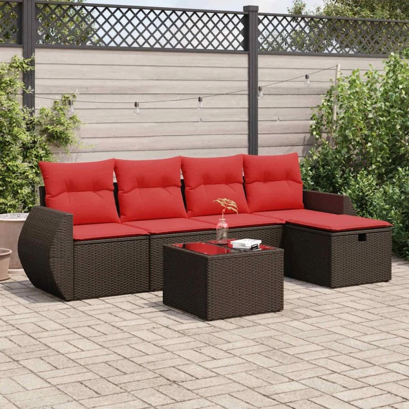 vidaXL 6-delssofasæt med hynder polyrattan brun