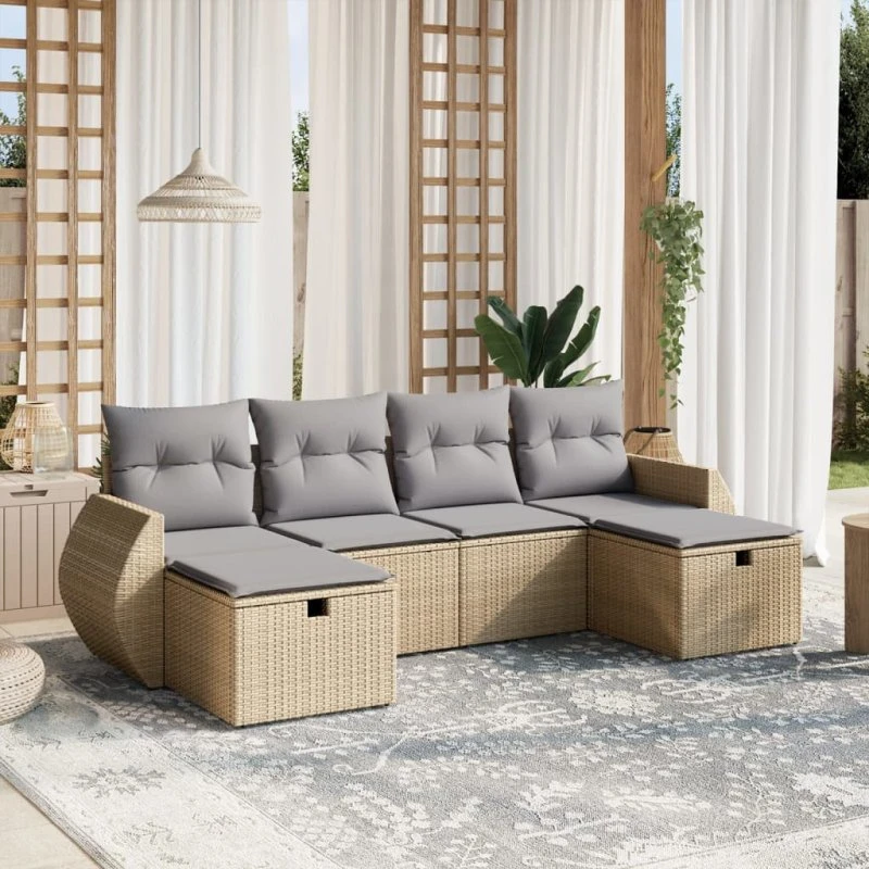 Havesofasæt 6 dele med hynder polyrattan beige/sort med opbevaring