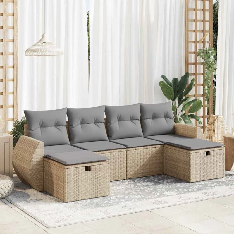 Havesofasæt 6 dele med opbevaring, polyrattan beige/grå