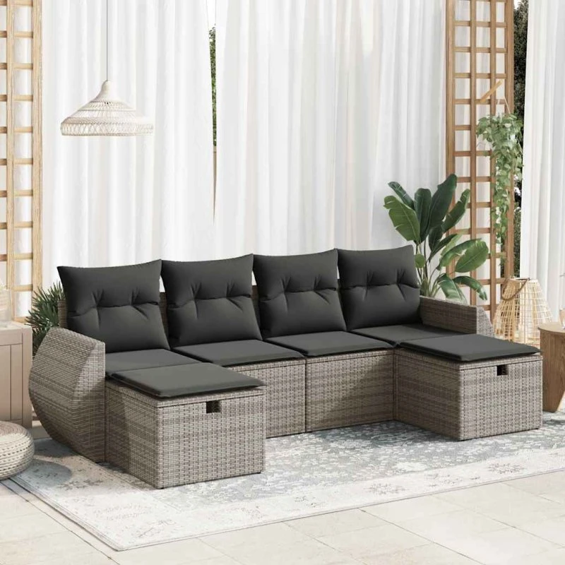Havesofasæt 6 Dele Polyrattan Beige/Grå med Opbevaring