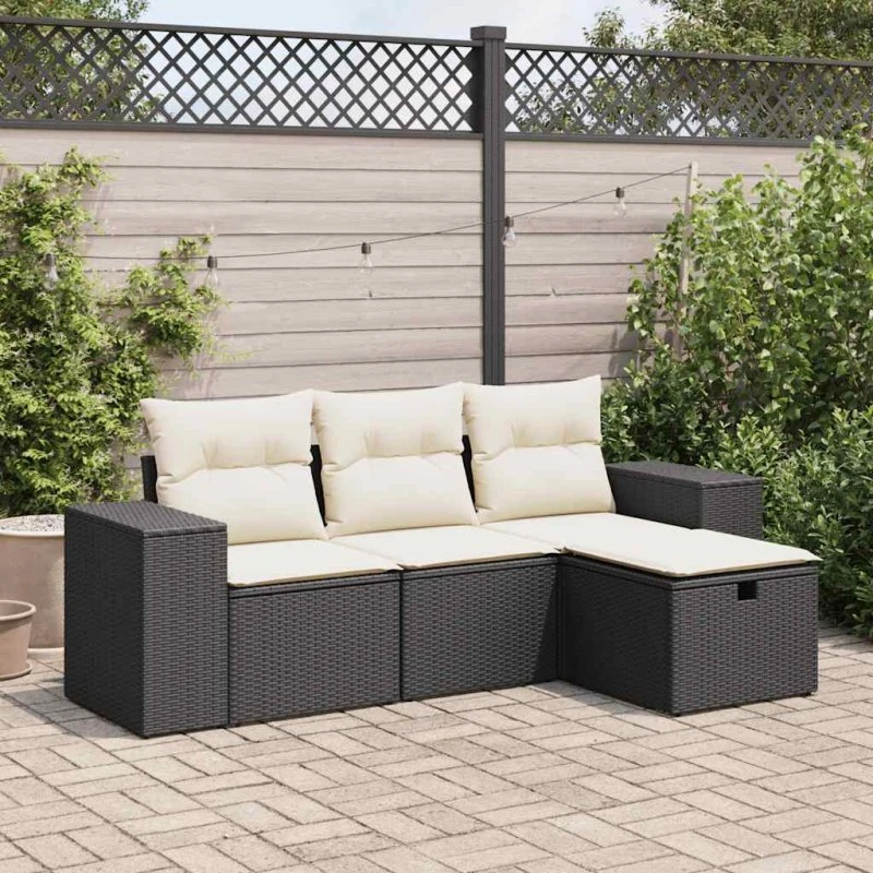 vidaXL 4-deles havesofasæt med hynder i polyrattan, sort