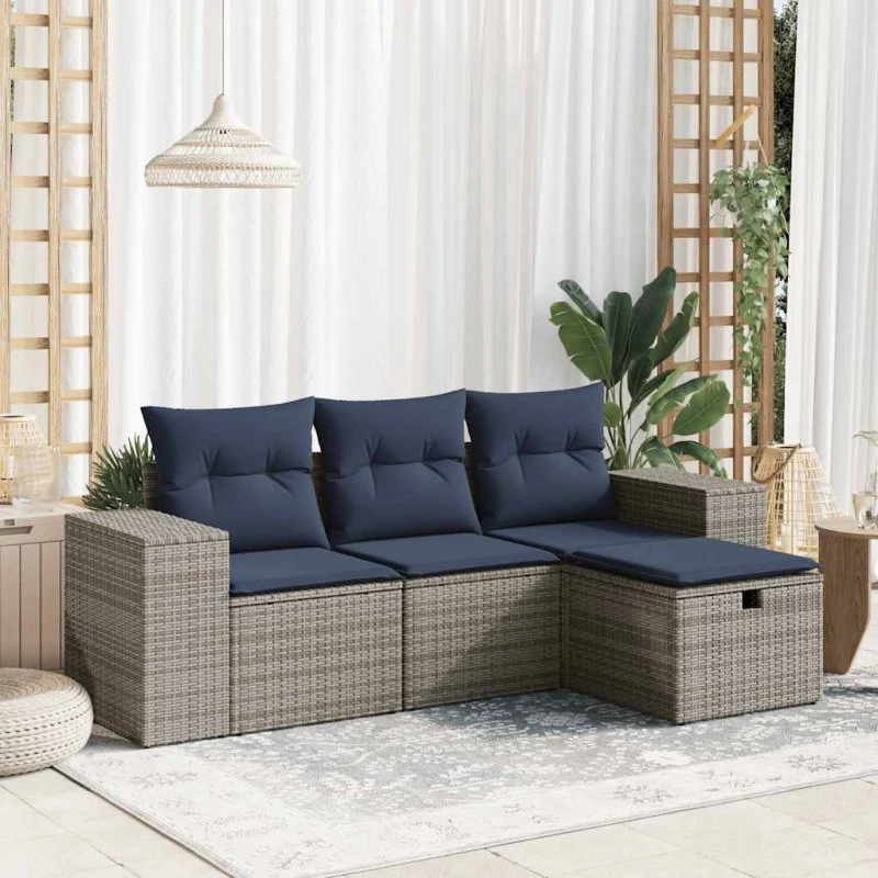 vidaXL 4-delssofasæt med hynder i polyrattan grå
