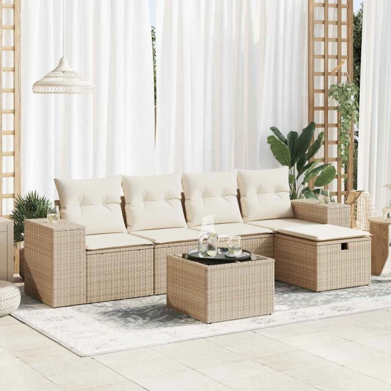 SofaSæt Til Haven 6 Dele Polyrattan Beige/Grå med Opbevaring