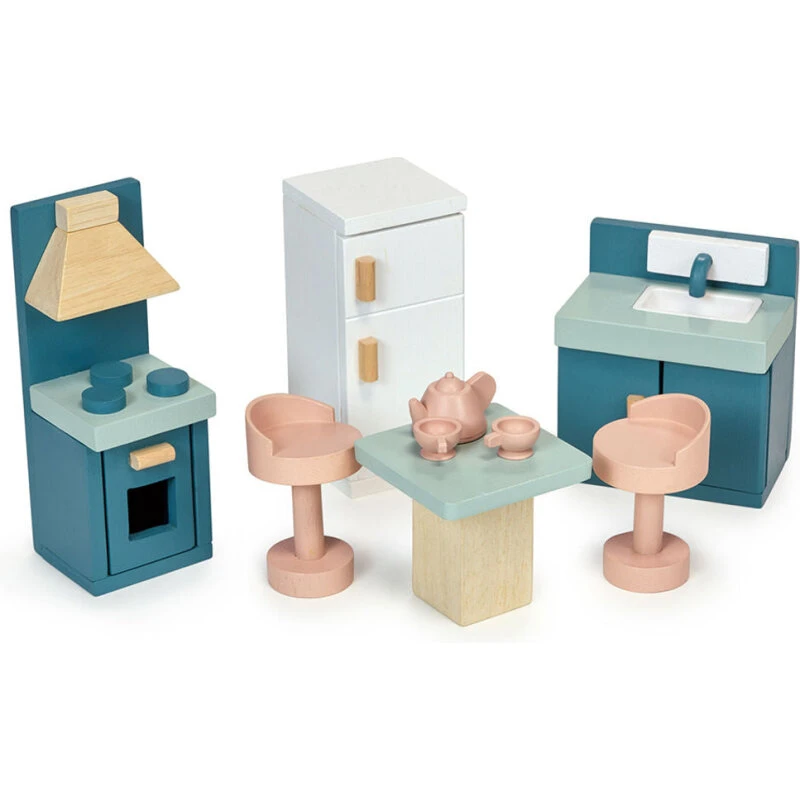 Mentari dukkehus køkken i træ – 9 dele, turkis/rosa (1:12)