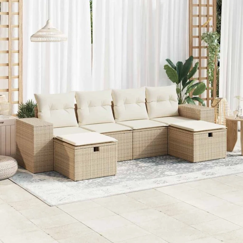 vidaXL 6-delssofasæt med hynder, polyrattan beige