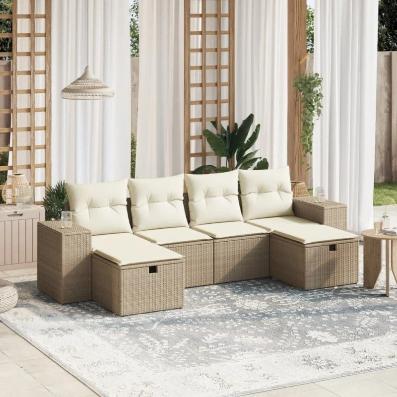 Sofasæt Til Haven 6 Dele Med Hynder Polyrattan Beige - Grå / med opbevaring