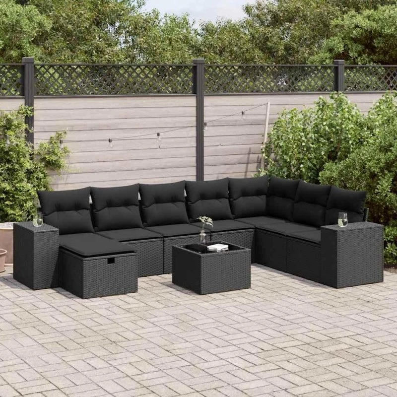 Sofa 9-deligt polyrattan sort, havemøbler