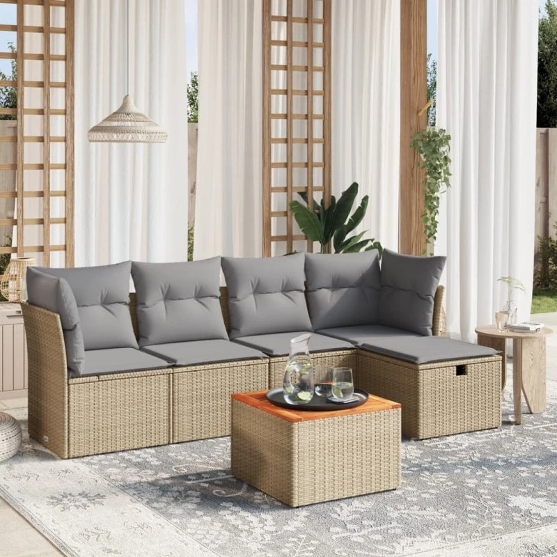 Havesofasæt 6 dele med hynder polyrattan beige/sort