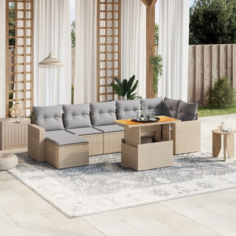 Havesofasæt 8 dele polyrattan beige/sort med hynder
