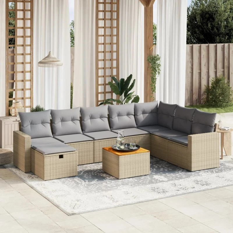 Polyrattan Spisebordssæt 9 Dele Beige med Hynder, Sort