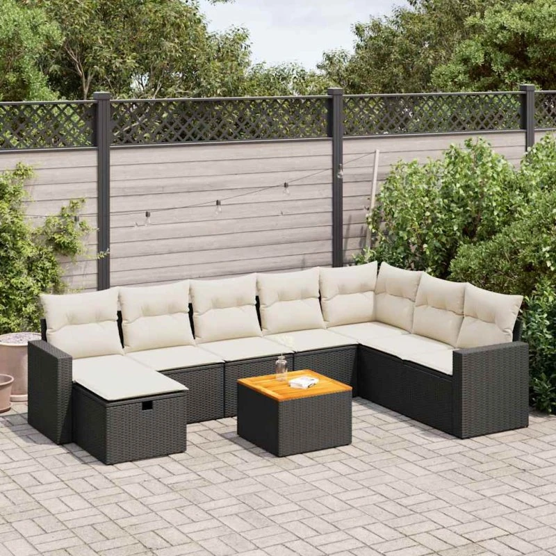 vidaXL 9-delssæt med hynder i polyrattan, sort