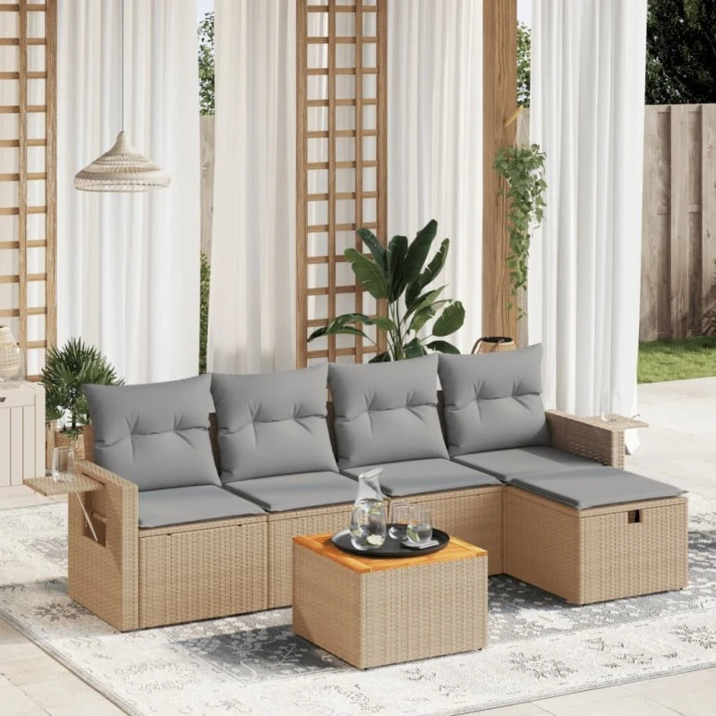 Havesofasæt 6 dele med hynder polyrattan beige/sort med opbevaring
