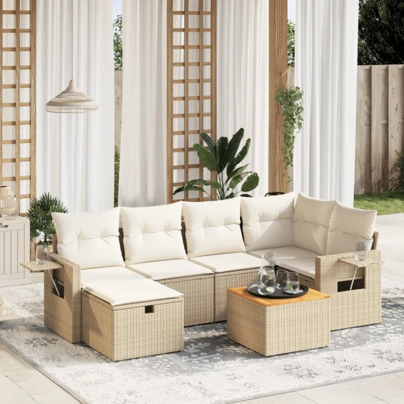 Sofasæt Til Haven 7 Dele Med Hynder Polyrattan Beige - Sort