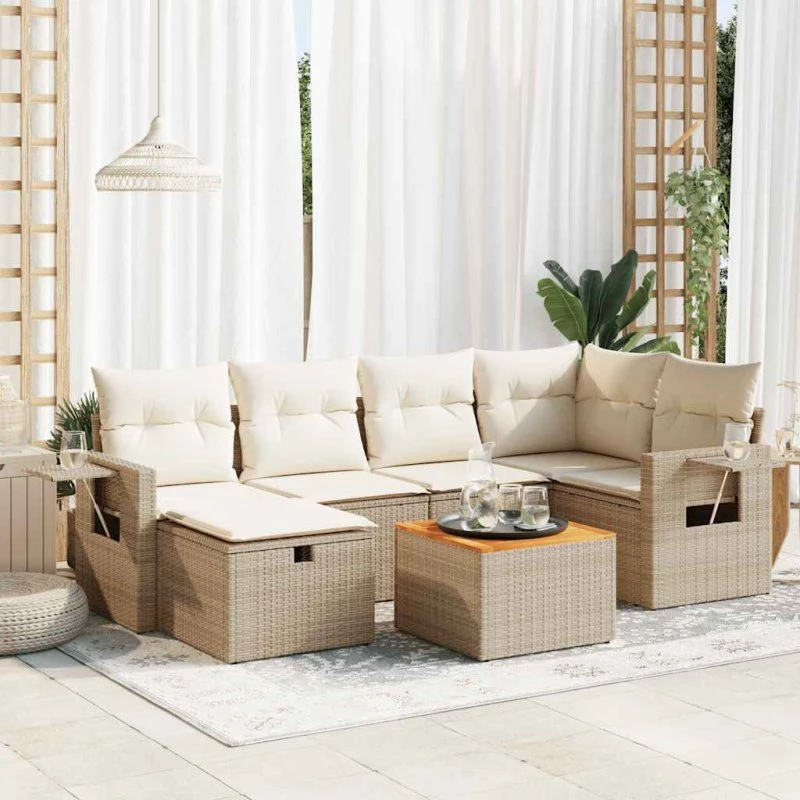 vidaXL 7-deles havesofasæt med hynder i polyrattan beige