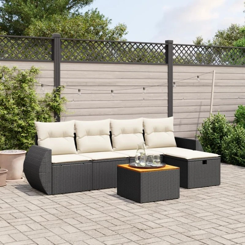 Sofasæt Til Haven 6 Dele med Hynder Polyrattan Sort-Beige-Grå med Opbevaring