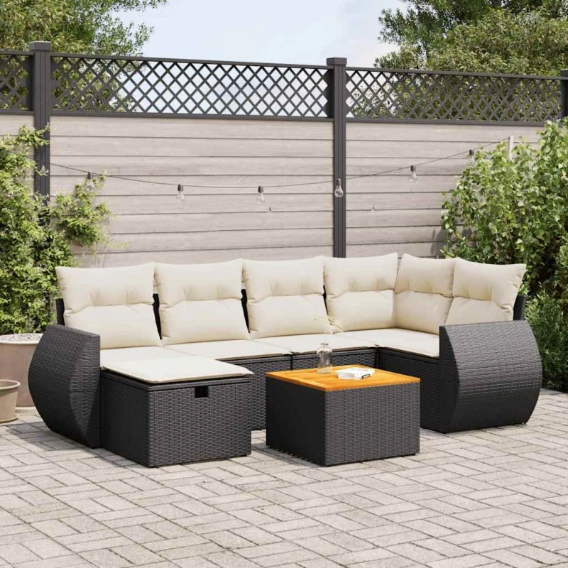 vidaXL 7-delssofasæt med hynder i polyrattan, sort