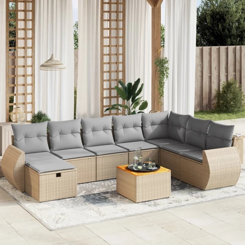 Haven 9-deles polyrattan spisebordssæt beigefarvet med opbevaring
