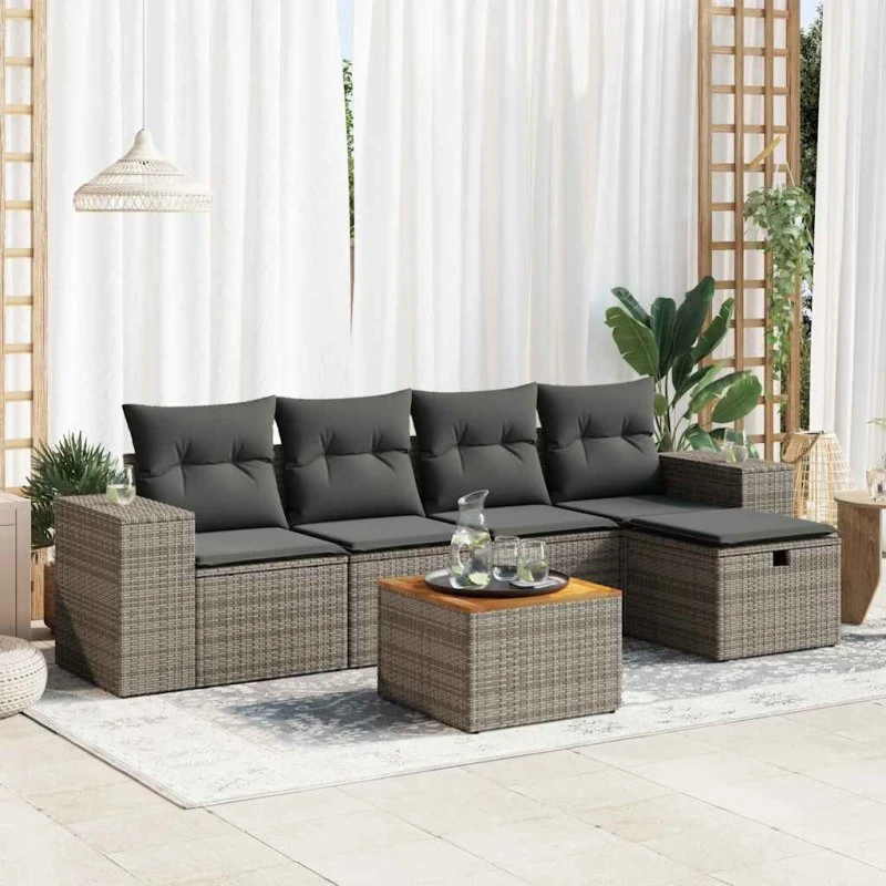 Havesofasæt 6 Dele Polyrattan Beige/Grå med Opbevaring