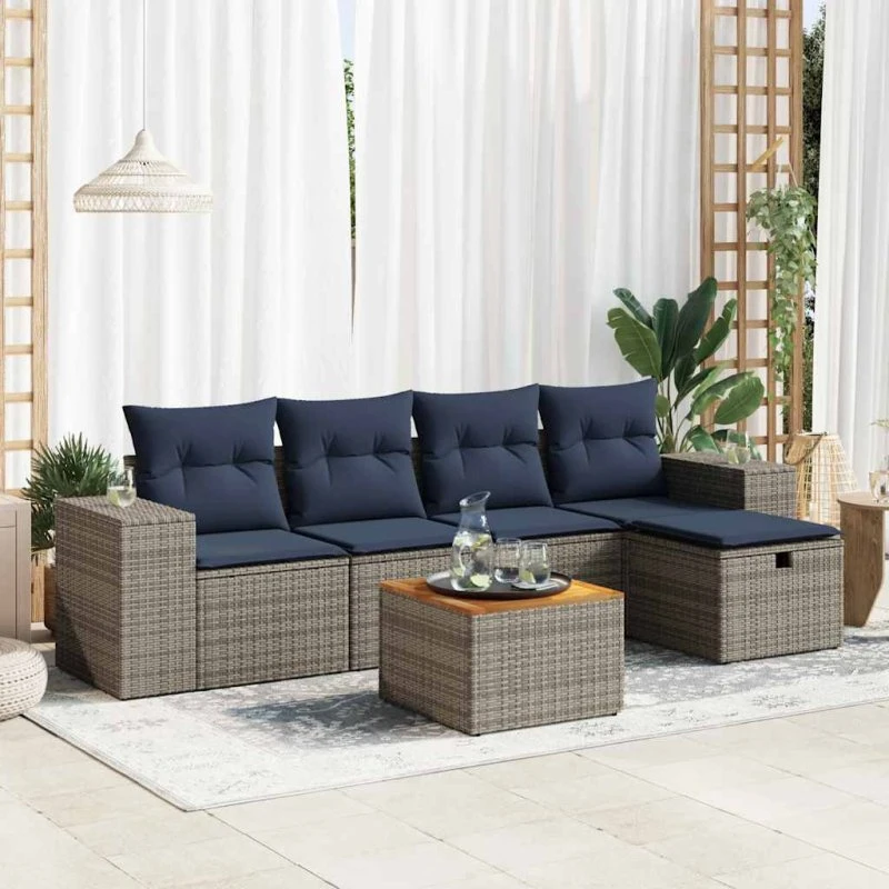 vidaXL 6-delssofasæt med hynder i polyrattan grå
