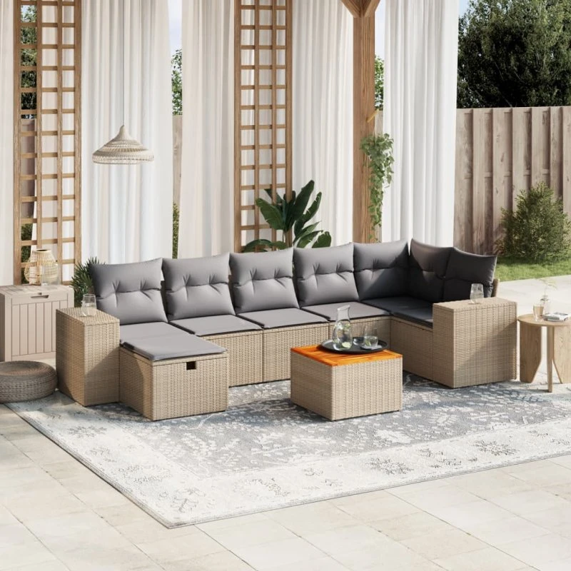 Havesofasæt 8 dele med hynder polyrattan beige/sort