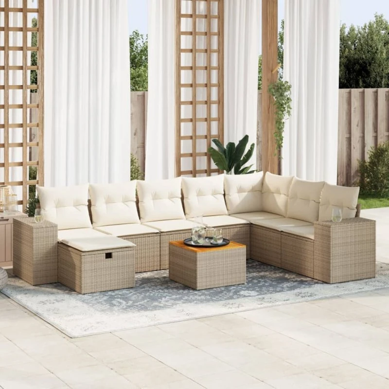 vidaXL 9-deles havesofasæt med hynder i polyrattan beige