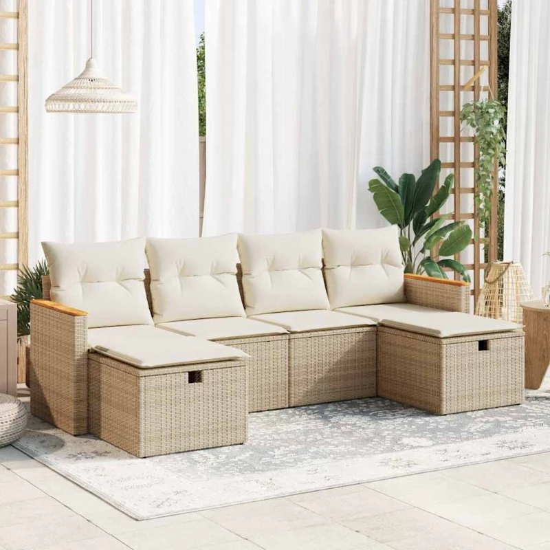 vidaXL 6-deles havesofasæt med hynder i polyrattan, beige