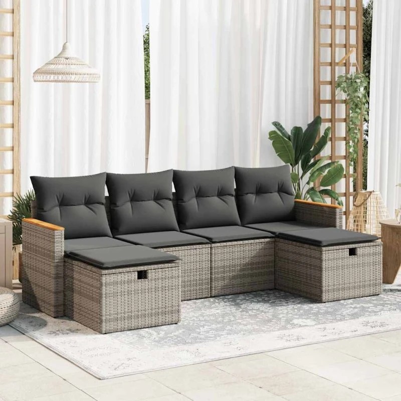 Havesofasæt 6 Dele Polyrattan Beige/Grå Med Opbevaring