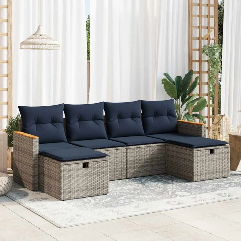 vidaXL 6-delers havesofasæt med hynder i polyrattan grå