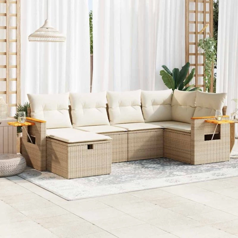 vidaXL 6-delssofasæt med hynder i polyrattan, beige
