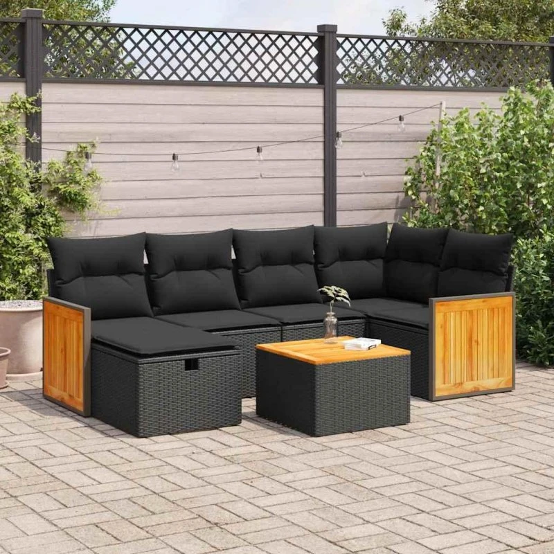 Sofasæt til have 7 dele med hynder polyrattan sort