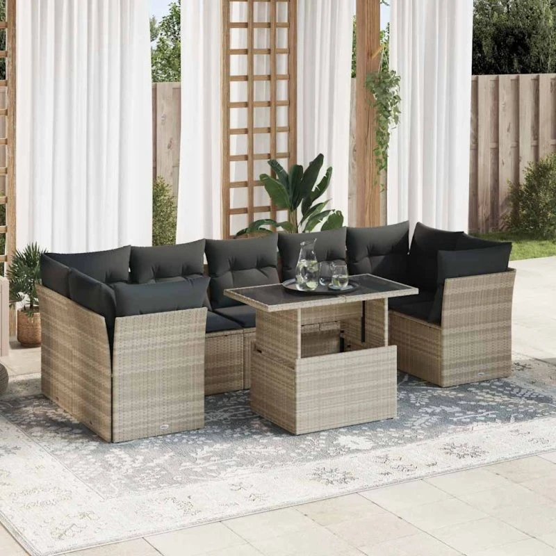 vidaXL 8-deligt polyrattan sofasæt med hynder, lysegrå