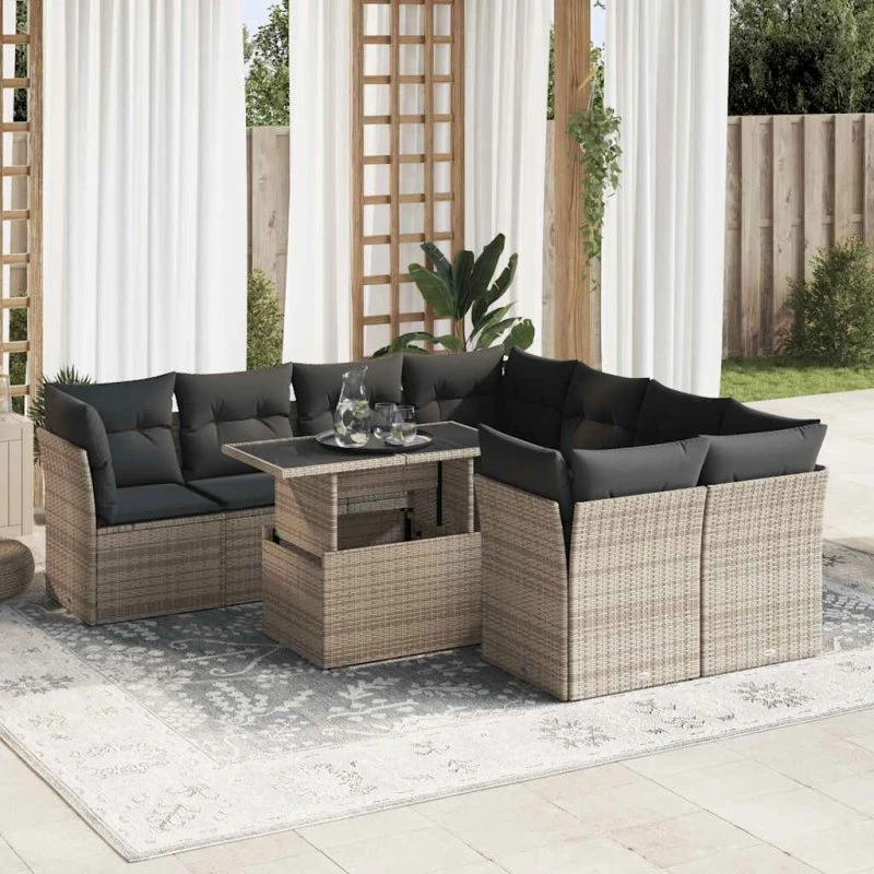 vidaXL 9-delssofasæt med hynder i polyrattan grå