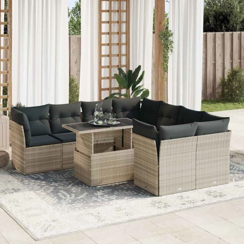 vidaXL 9-delssofasæt med hynder, lysegrå, polyrattan