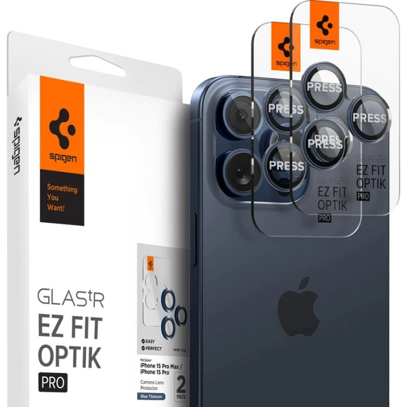 Spigen Glass tR EZ Fit Optik Pro 2 Pack - Blå titanium - iPhone 15/16/17 Pro