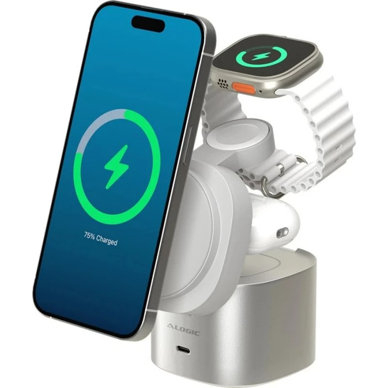 ALOGIC PowerPod 4-in-1 Qi2 Trådløs Opladningsstander, Hvid, 30W