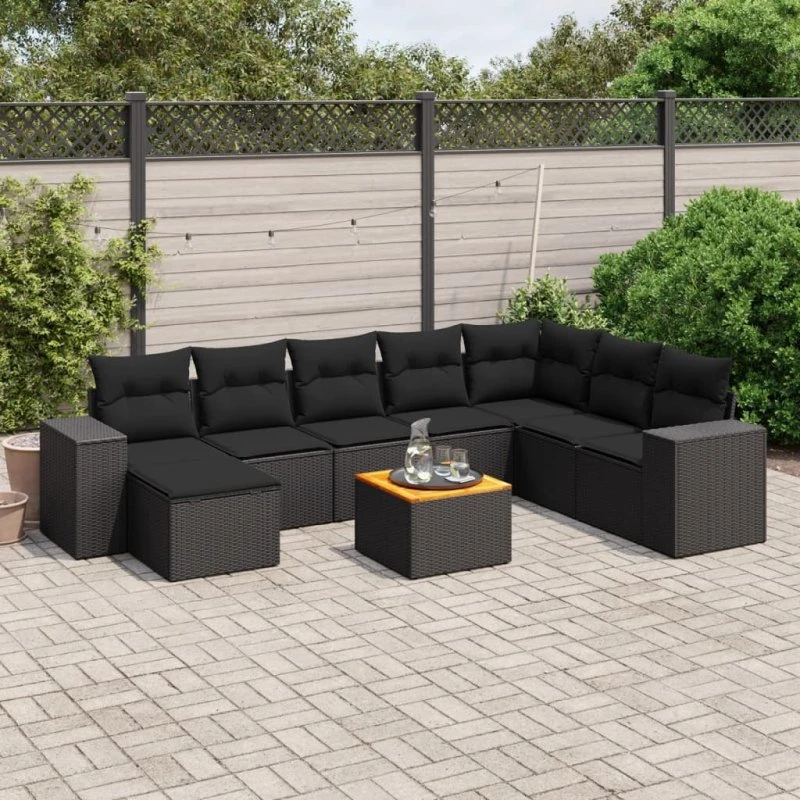 vidaXL 9-delssofasæt med hynder i polyrattan, sort