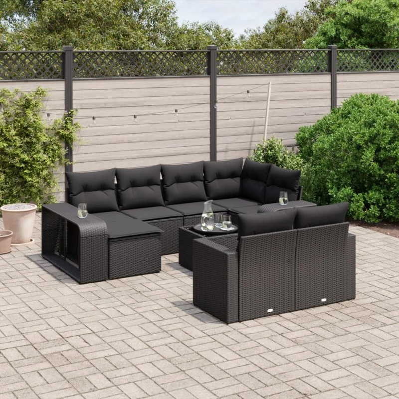 vidaXL 11-delssofasæt med hynder i polyrattan, sort