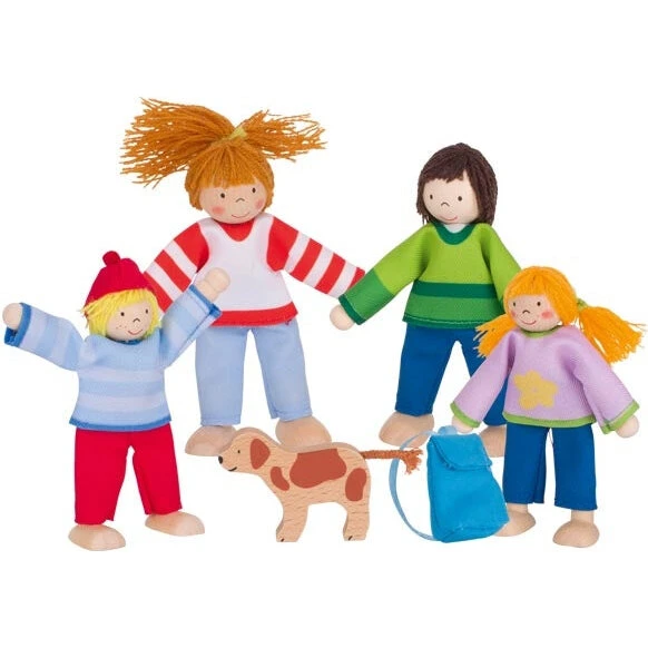 Dukkefamilie til dukkehus med hund, trædukker 9–11 cm