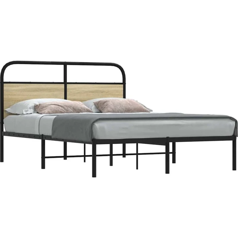 vidaXL Sengeramme 135x190 cm Metal Sonoma-Eg med Hovedgærde