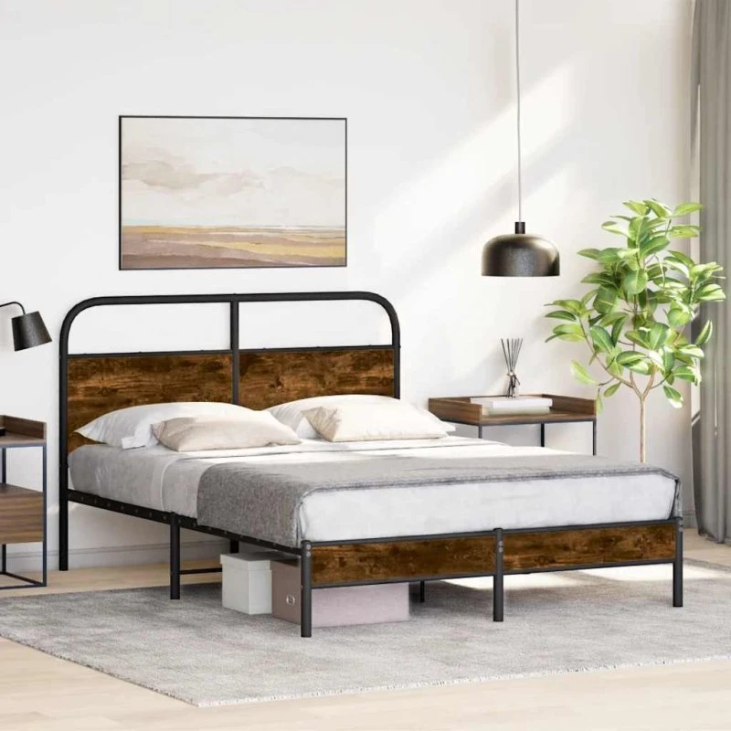vidaXL Sengeramme 140x200 cm Røget Eg Metal, Uden Madras