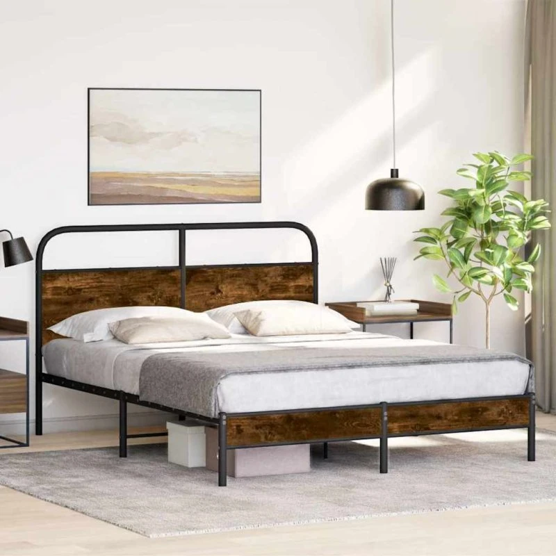 vidaXL Sengeramme 150x200 cm Røget Eg Metal, Uden Madras